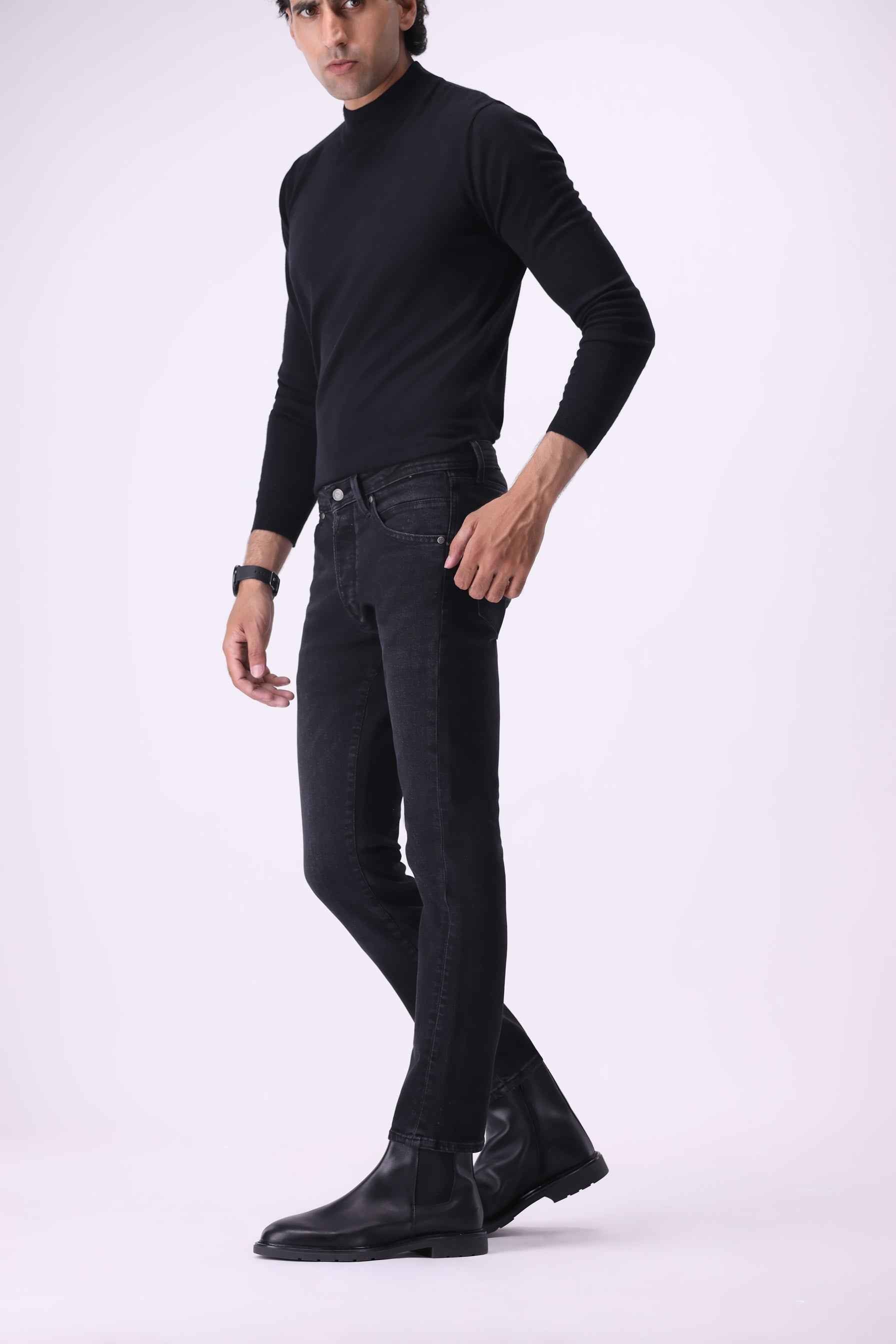 Side view of Atlas men's skinny jeans showing the flattering slim fit and high stretch recovery.