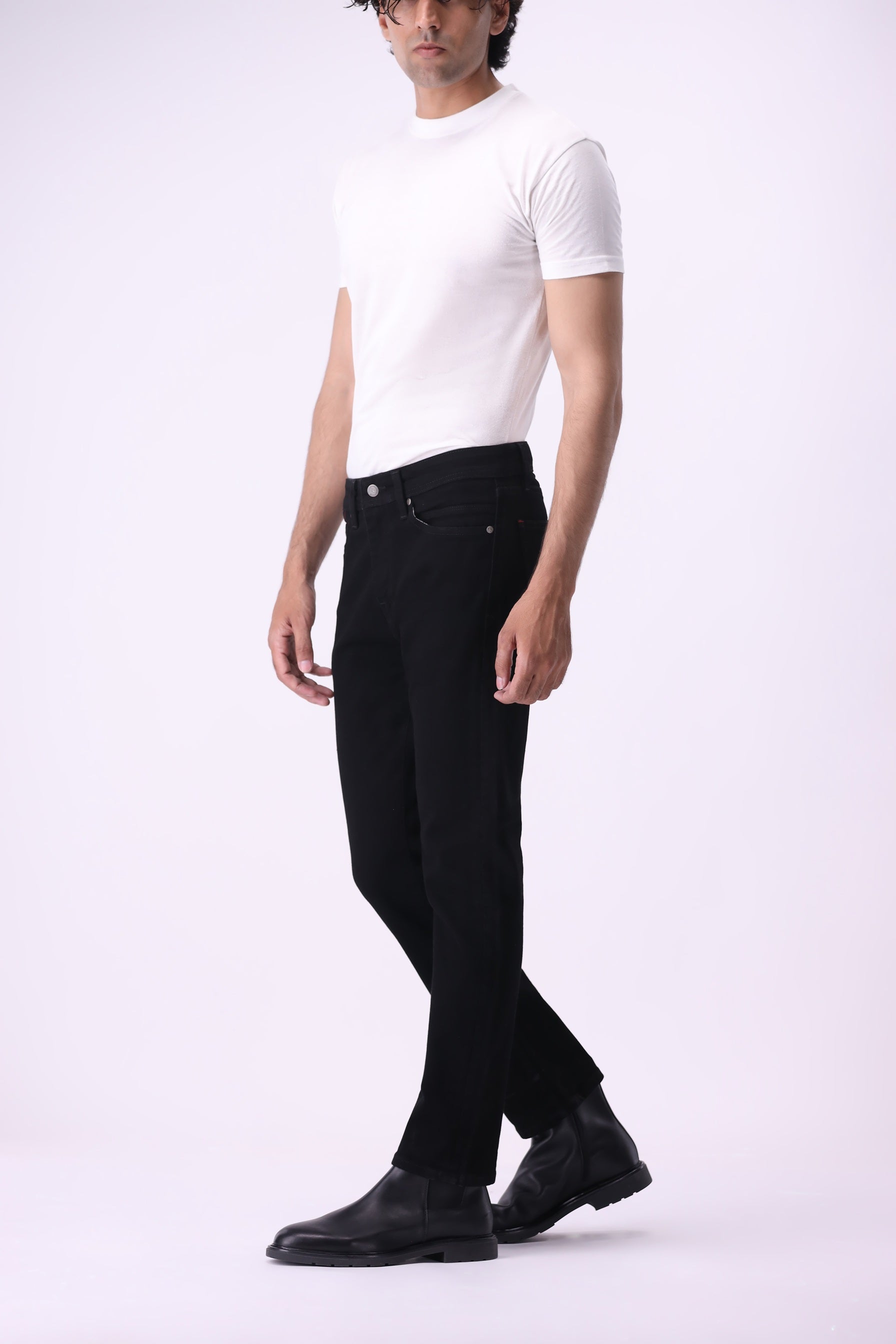 Medved modern slim black jeans styled with white shirt — Bear & Birches premium sustainable denim