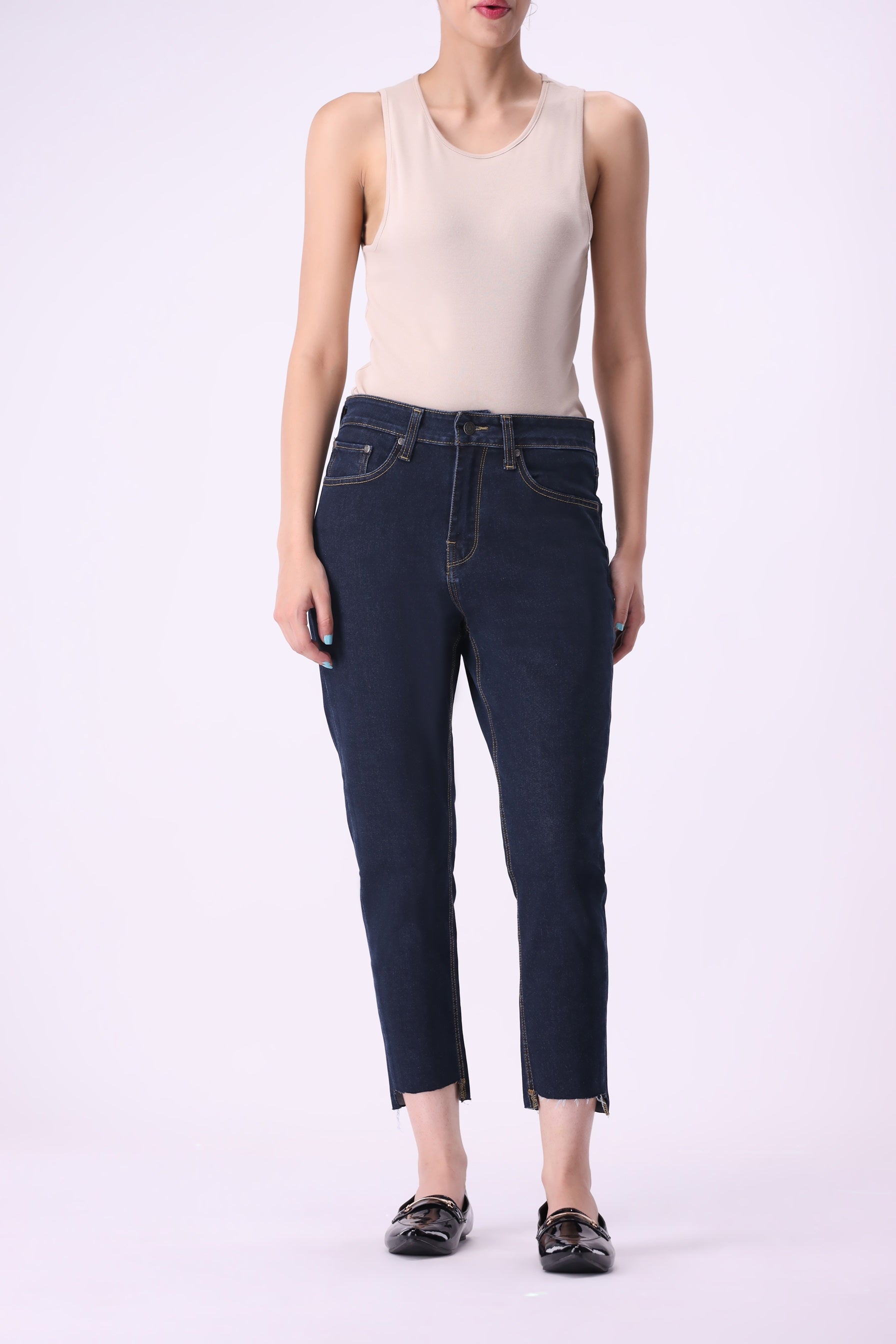 Full front view of Bear & Birches Birke women’s tapered high-rise ankle jeans, dark wash