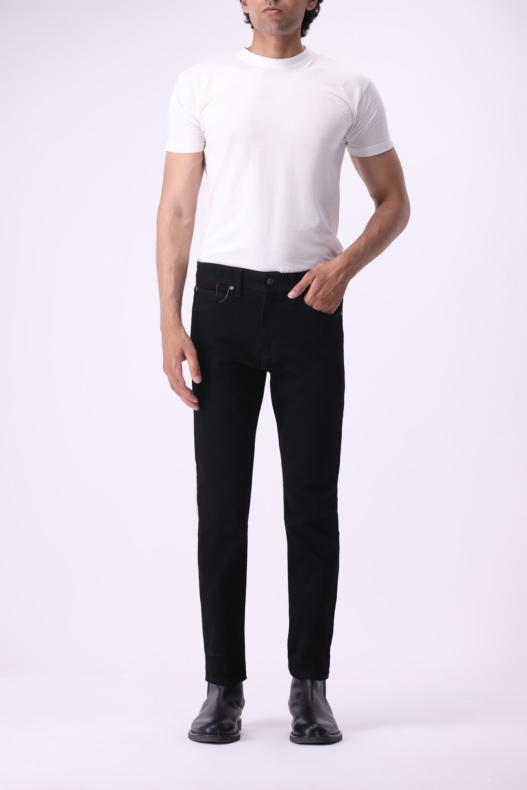 Medved men’s slim black jeans, modern fit, front view — Bear & Birches sustainable denim