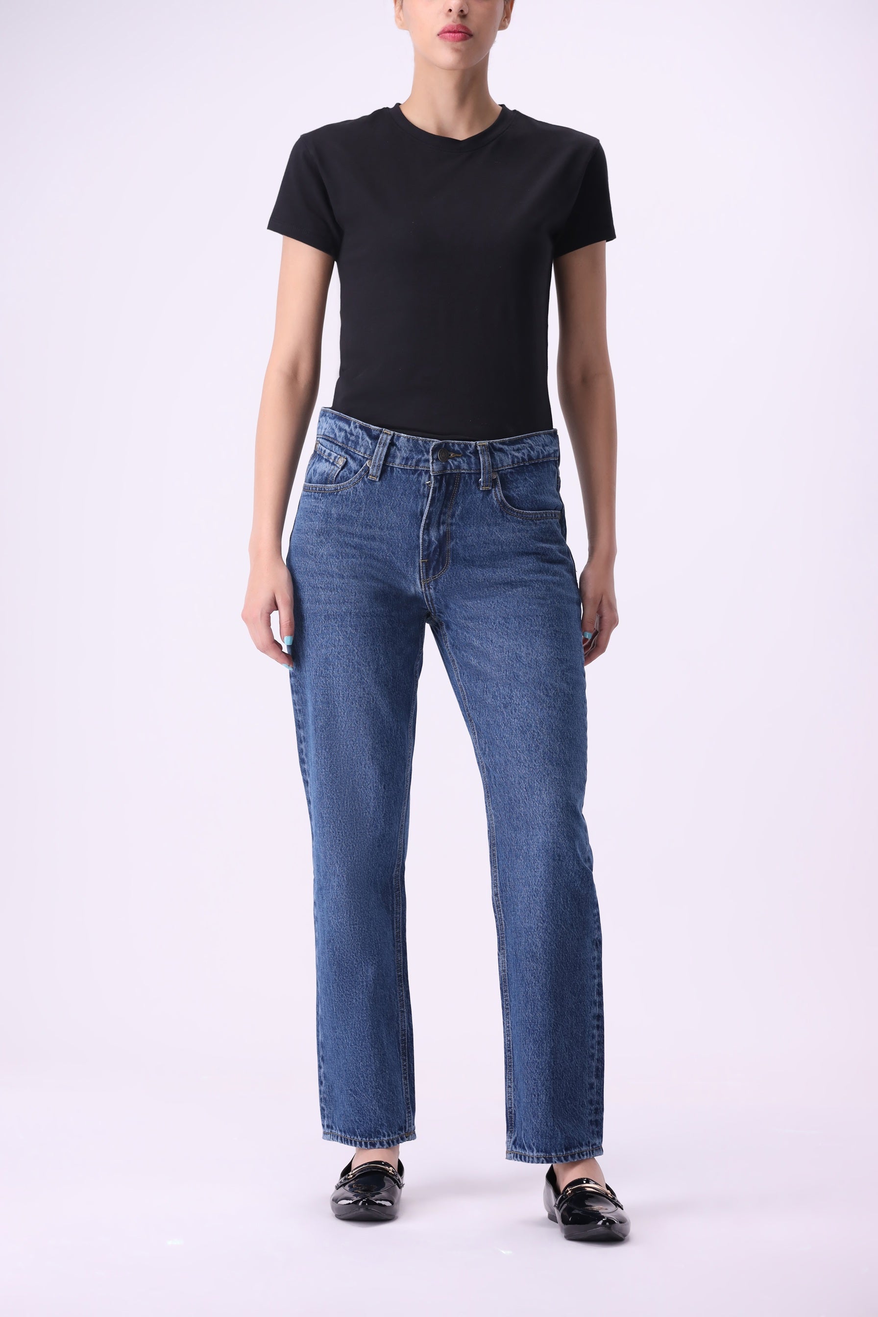 Full front view of Bear & Birches Koivu women’s mid-rise slim straight jeans, medium blue