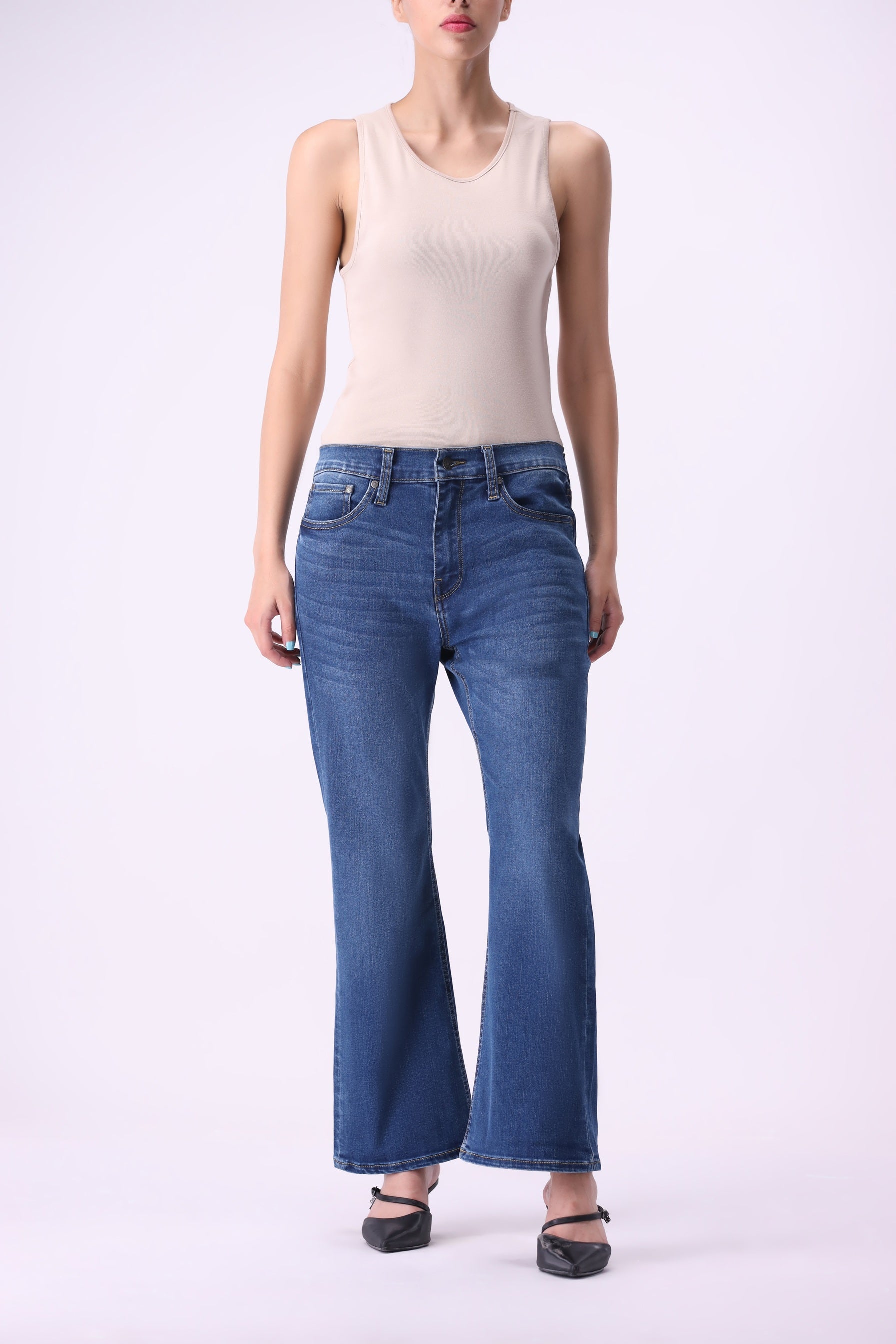 Full front view of Bear & Birches Canoe women’s jeans in medium blue wash, bootcut flare fit
