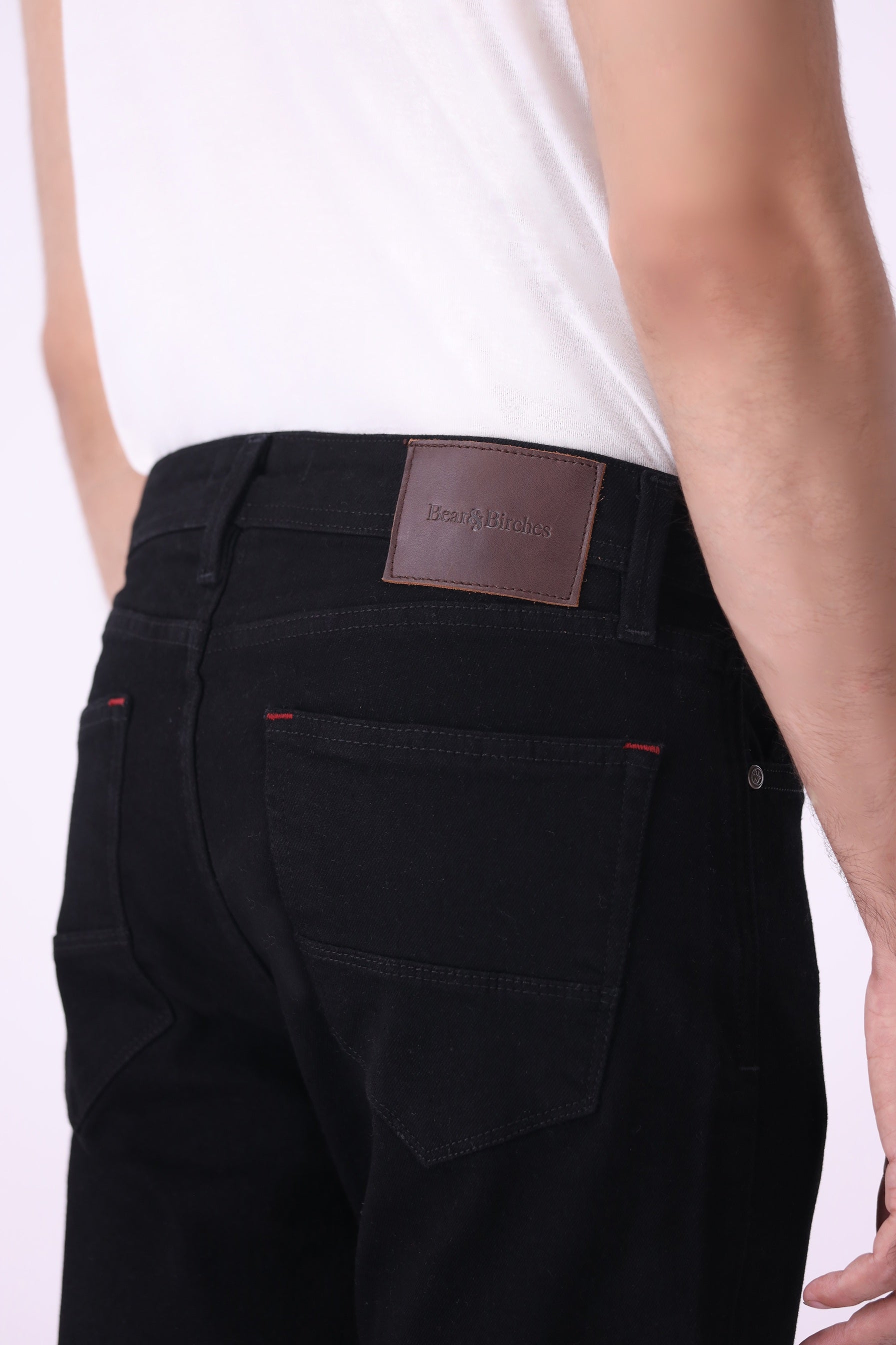 Medved slim black jeans, sustainable denim detail at waist and pockets — Bear & Birches