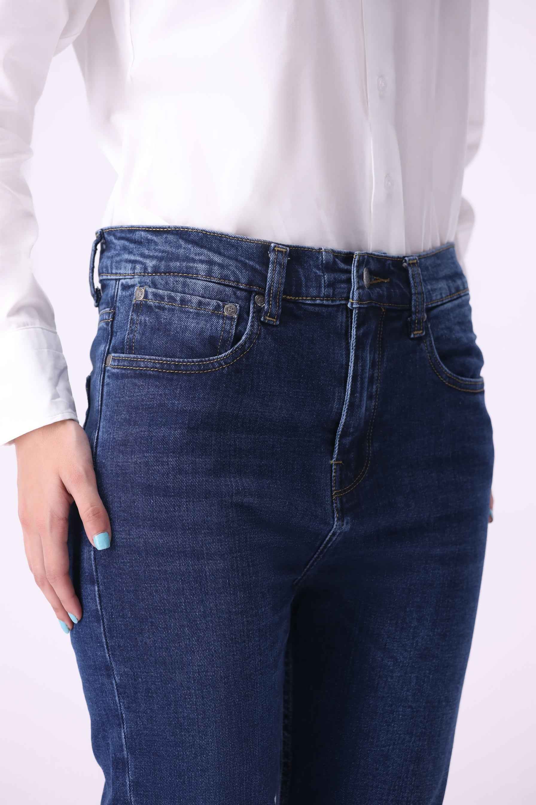 Close-up front view of Shirakaba boyfriend jeans highlighting the high-quality sustainable denim and minimalist design.
